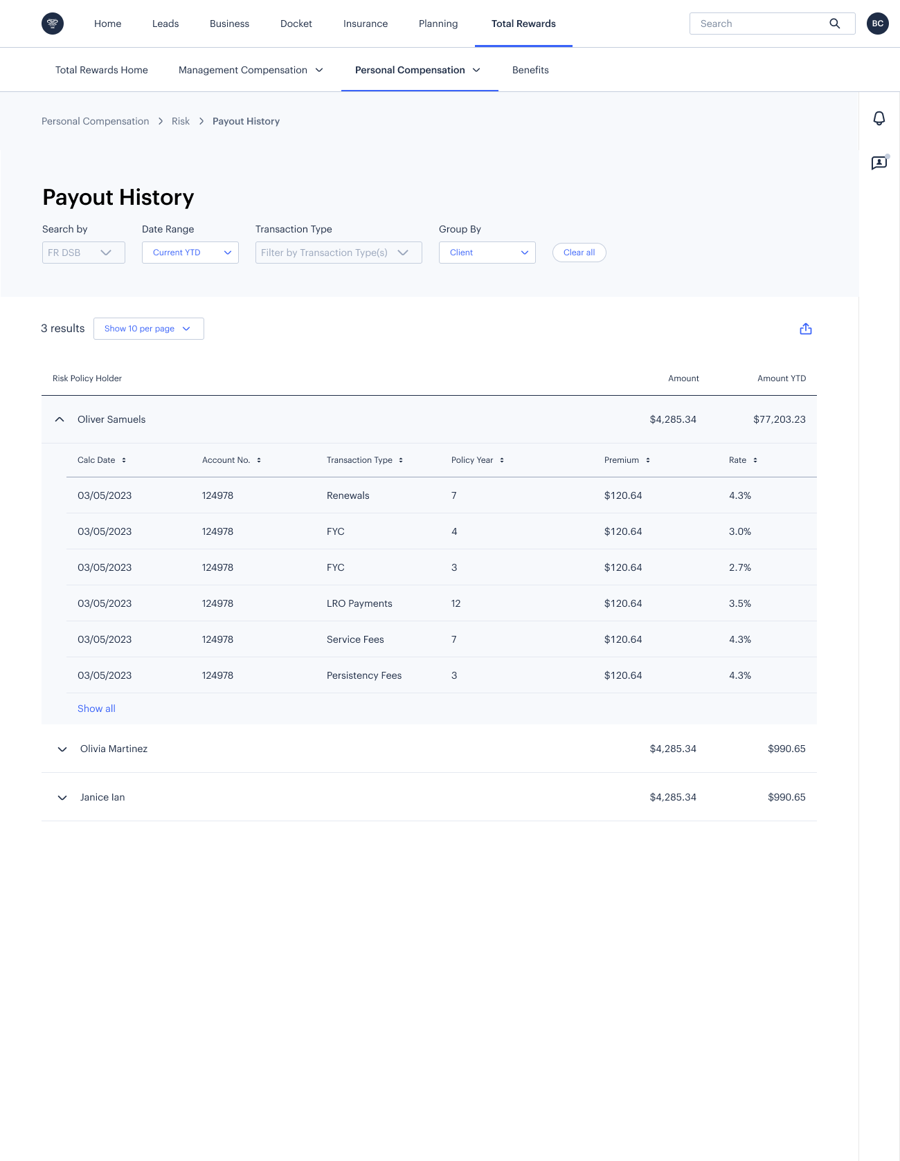 Risk payout history by account holder showing transaction-level filtering by client and cycle